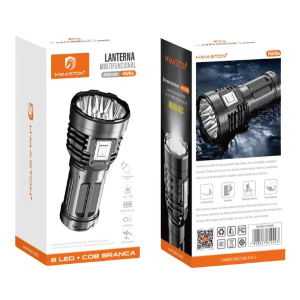 Lanterna Multifuncional  PRETA LED  8 NÚCLEOS  Recarregável Tipo-C